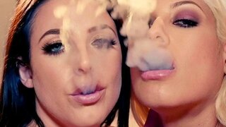 Smokers with big tits do a double blowjob and fuck with a guy in the ass