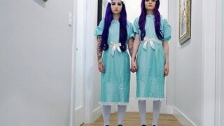 Ghost twins do a double blowjob with balls and kiss during a live porn