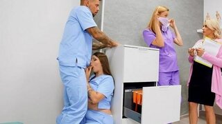 A nurse in the office passionately fucks a nurse with glasses