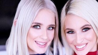 Beautiful blondes kiss, make a double blowjob to a guy and cunnilingus to each other