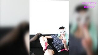 Skinny Teen Girl in Stockings Puts Fingers in Anal and Sucks Dildo  Red Booty and Big Tight Hole Juice Cowgirl 1080p